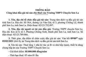 THÔNG BÁO: Công khai đấu giá tài sản cho thuê của Trường THPT Chuyên Sơn La