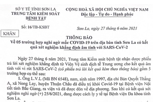 Thông báo về 05 trường hợp nghi ngờ mắc COVID-19 trên địa bàn tỉnh Sơn La có kết quả xét nghiệm khẳng định âm tính với SARS-CoV-2