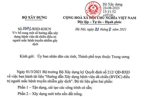 Công văn số 3371/BXD-KHCN ngày 23 tháng 8 năm 2021 về việc bổ sung một số hướng dẫn xây dựng bệnh viện dã chiến điều trị người mắc bệnh truyền nhiễm gây dịch