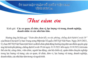 Thư cảm ơn của Ủy ban MTTQ Việt Nam tỉnh Sơn La