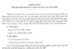 Thông báo: Thời gian tiếp nhận hồ sơ quyết toán thuế, phí năm 2018