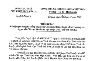 Thông báo về việc tạm dừng hệ thống ứng dụng Công nghệ thông tin để phục vụ công tác hợp nhất Chi cục Thuế khu vực thuộc Cục Thuế tỉnh Sơn La