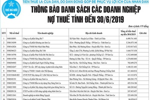 THÔNG BÁO DANH SÁCH CÁC DOANH NGHIỆP NỢ THUẾ TÍNH ĐẾN 30/6/2019