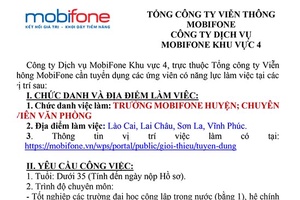 Công ty Dịch vụ MobiFone Khu vực 4, trực thuộc Tổng công ty Viễn thông MobiFone Thông báo tuyển dụng lao động