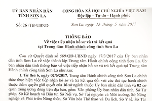 Thông báo về việc tiếp nhận hồ sơ và trả kết quả tại Trung tâm Hành chính công tỉnh Sơn La