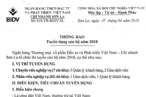 Ngân hàng TMCP Đầu tư và Phát triển Việt Nam chi nhánh Sơn La: Thông báo tuyển dụng cán bộ năm 2018