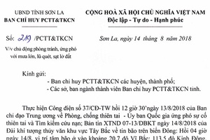 Công văn số 219/PCTT&TKCN ngày 14/8/2018 của Ban Chỉ huy PCTT&TKCN tỉnh về việc chủ động phòng tránh, ứng phó với mưa lớn, lũ quét, sạt lở đất