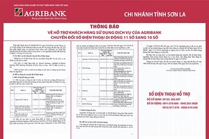 Thông báo về hỗ trợ khách hàng sử dụng dịch vụ của Agribank chuyển đổi số điện thoại di động 11 số sang 10 số