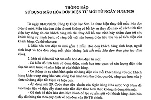 Công ty Điện lực Sơn La thông báo sử dụng mẫu hóa đơn điện tử mới từ ngày 01/03/2020