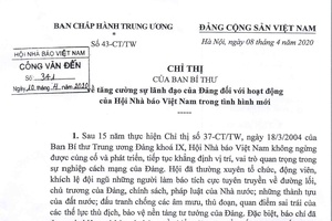 Chỉ thị số 43 của Ban Bí thư Trung ương ngày 08/04/2020 về tăng cường sự lãnh đạo của Đảng đối với hoạt động của Hội Nhà báo Việt Nam trong tình hình mới