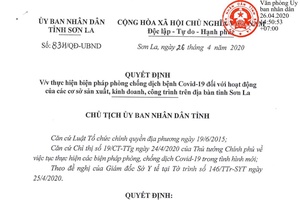 Quyết định số 834 của UBND tỉnh về việc thực hiện biện pháp phòng chống dịch bệnh COVID-19 đối với hoạt động của các cơ sở sản xuất, kinh doanh, công trình trên địa bàn tỉnh Sơn La