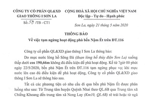 Thông báo tạm dừng hoạt động phà bến Nậm Ét