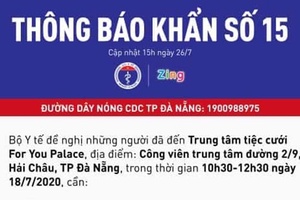 Bộ Y tế phát thông báo khẩn liên quan đến ca mắc COVID-19 ở Đà Nẵng