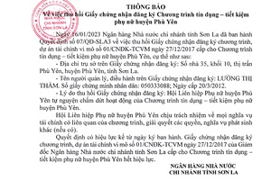 Thông báo về việc thu hồi Giấy chứng nhận đăng ký Chương trình tín dụng - tiết kiệm phụ nữ huyện Phù Yên
